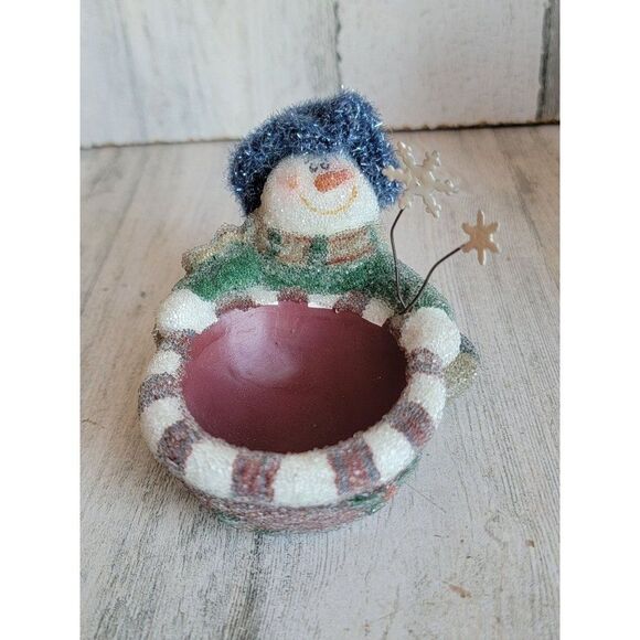 Snowman peppermint snowflake tea light mini candle holder Xmas glitter - Picture 2 of 7